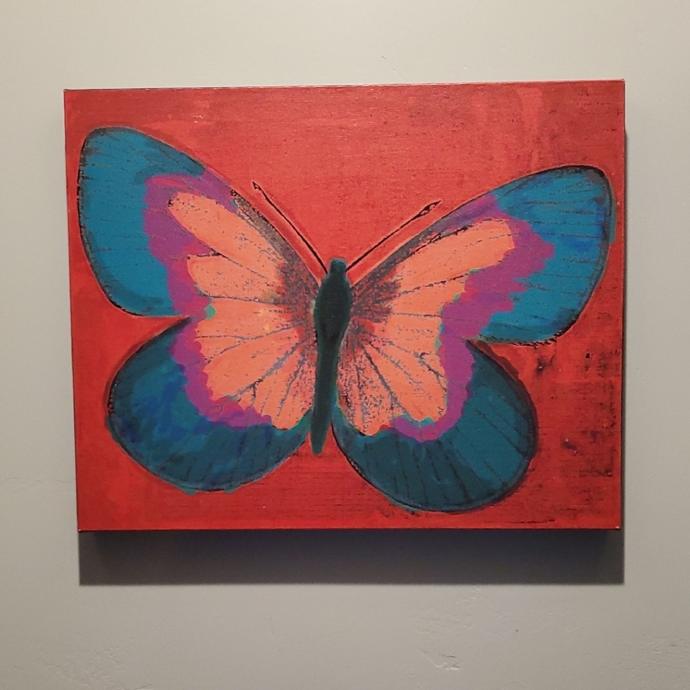 Vivid Butterfly Painting on Red Canvas